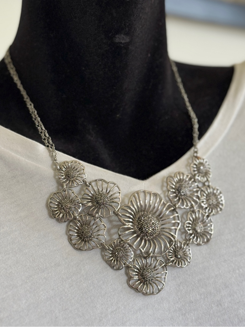 Talbots Floral Statement Necklace with Marcasite Stones - Silver Women Jewelry